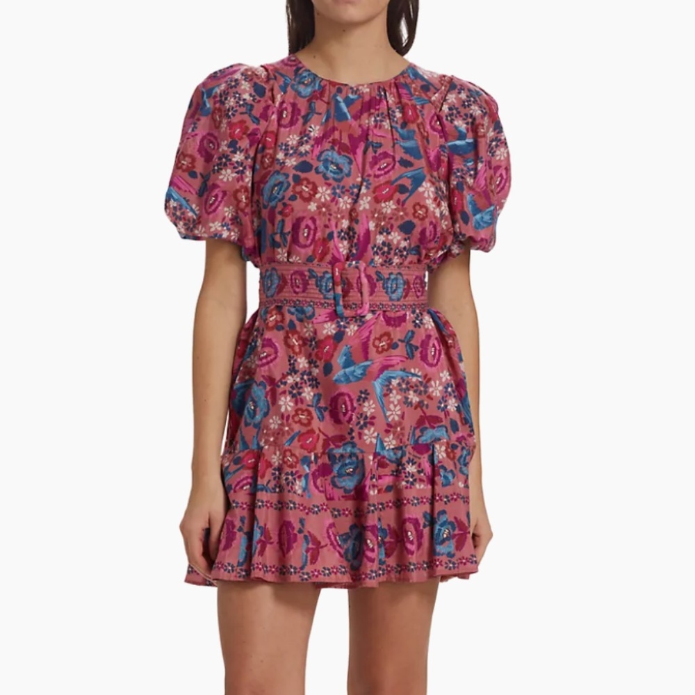 NWT FARM Rio Birds Blush Floral Puff Sleeve Belted Cotton Blend Dress in size XL
